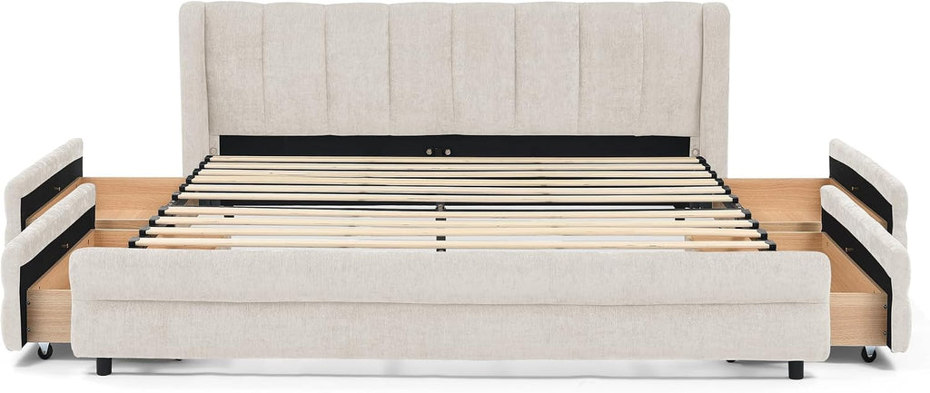 DEINPPA Queen Size Bed Frame with 4 Storage Drawers and Cloud Soft Headboard, Chenille Upholstered Grounded Wood Base Bed Frame, No Box Spring Needed-Beige