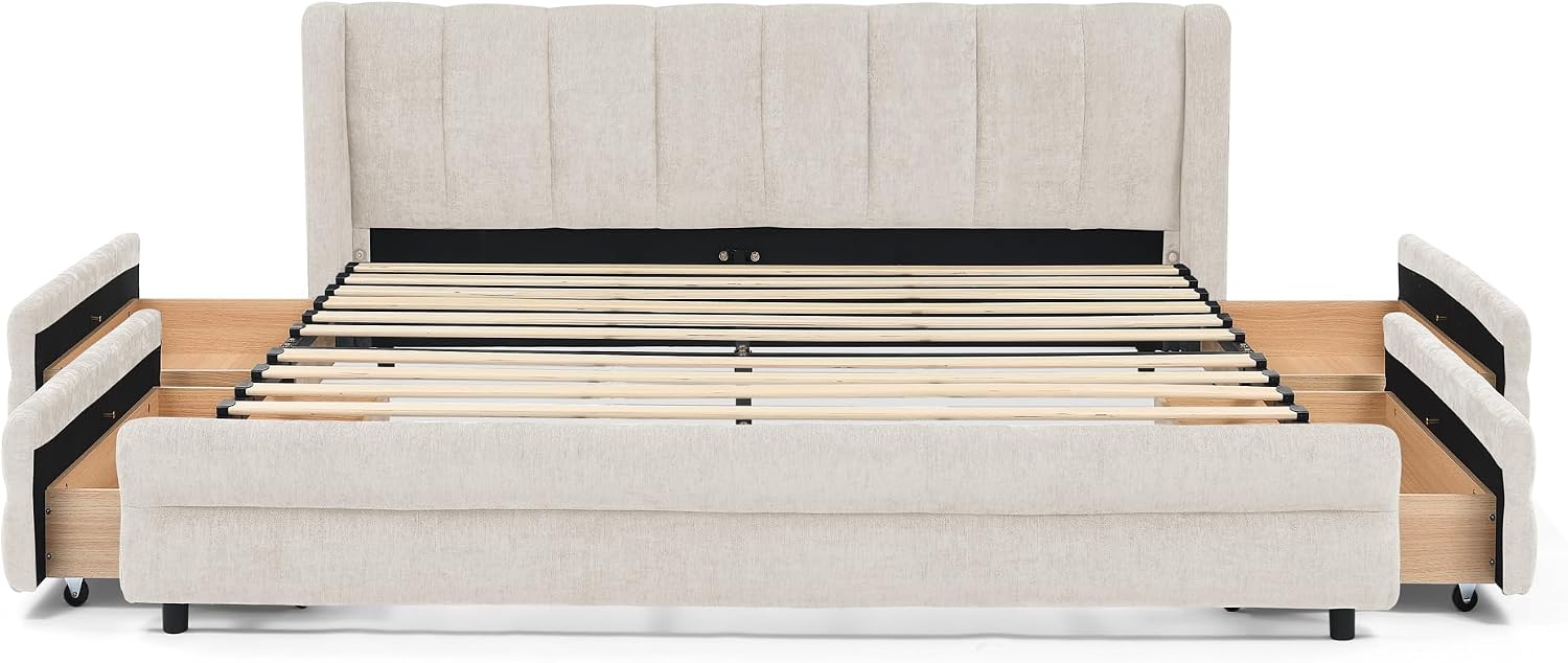 DEINPPA Queen Size Bed Frame with 4 Storage Drawers and Cloud Soft Headboard, Chenille Upholstered Grounded Wood Base Bed Frame, No Box Spring Needed-Beige