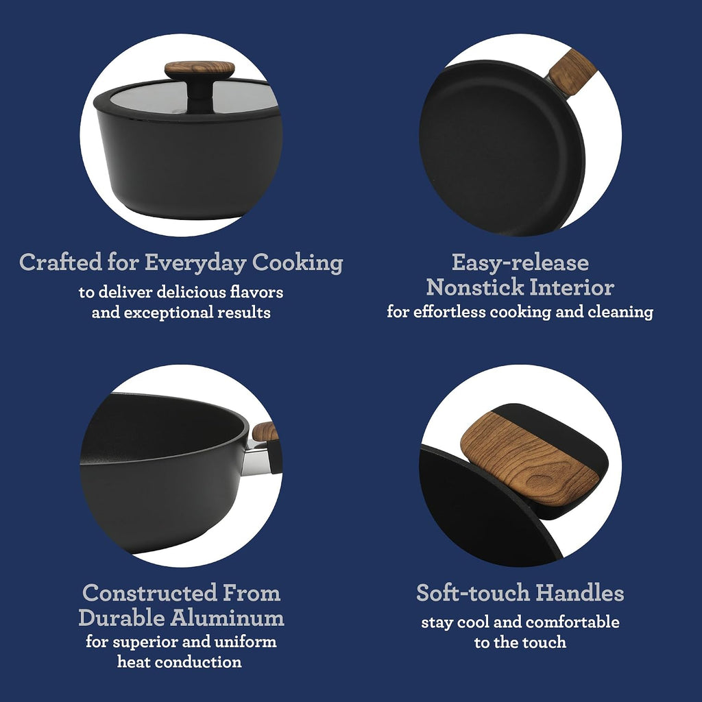 Oster Platinum Oxburg 14 Piece Forged Aluminum PFA Free Non-toxic Premium Ceramic Non Stick Interior Cookware & Kitchen Tools Set - Black w/Wood Handles