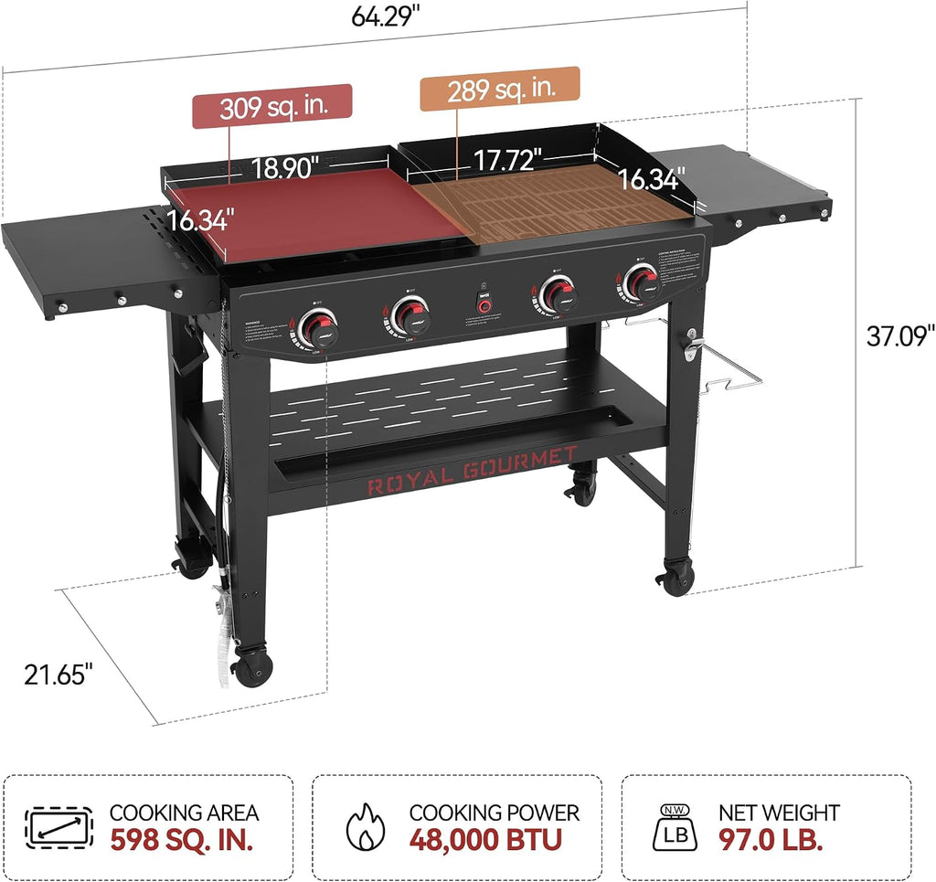 Royal Gourmet GD405A 4 Burner Propane Gas Grill and Griddle Combo with Grilling Gear Set, Griddle Grill Combo with Foldable Side Tables for Outdoor Cooking While Camping or Tailgating, Black