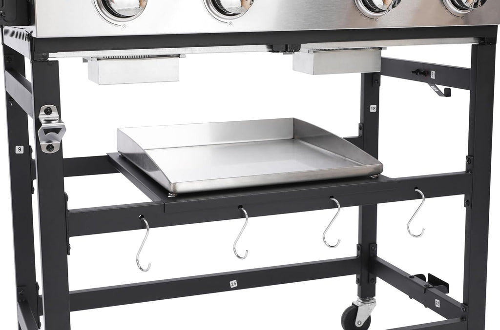 2+2-Burner Propane Gas BBQ Grill, 38200BTU Powerful Outdoor Grill with Stainless Steel Plancha & Side Tables, Portable Foldable Design for Backyard, Camping, Tailgating and Patio Barbecue (56 IN)