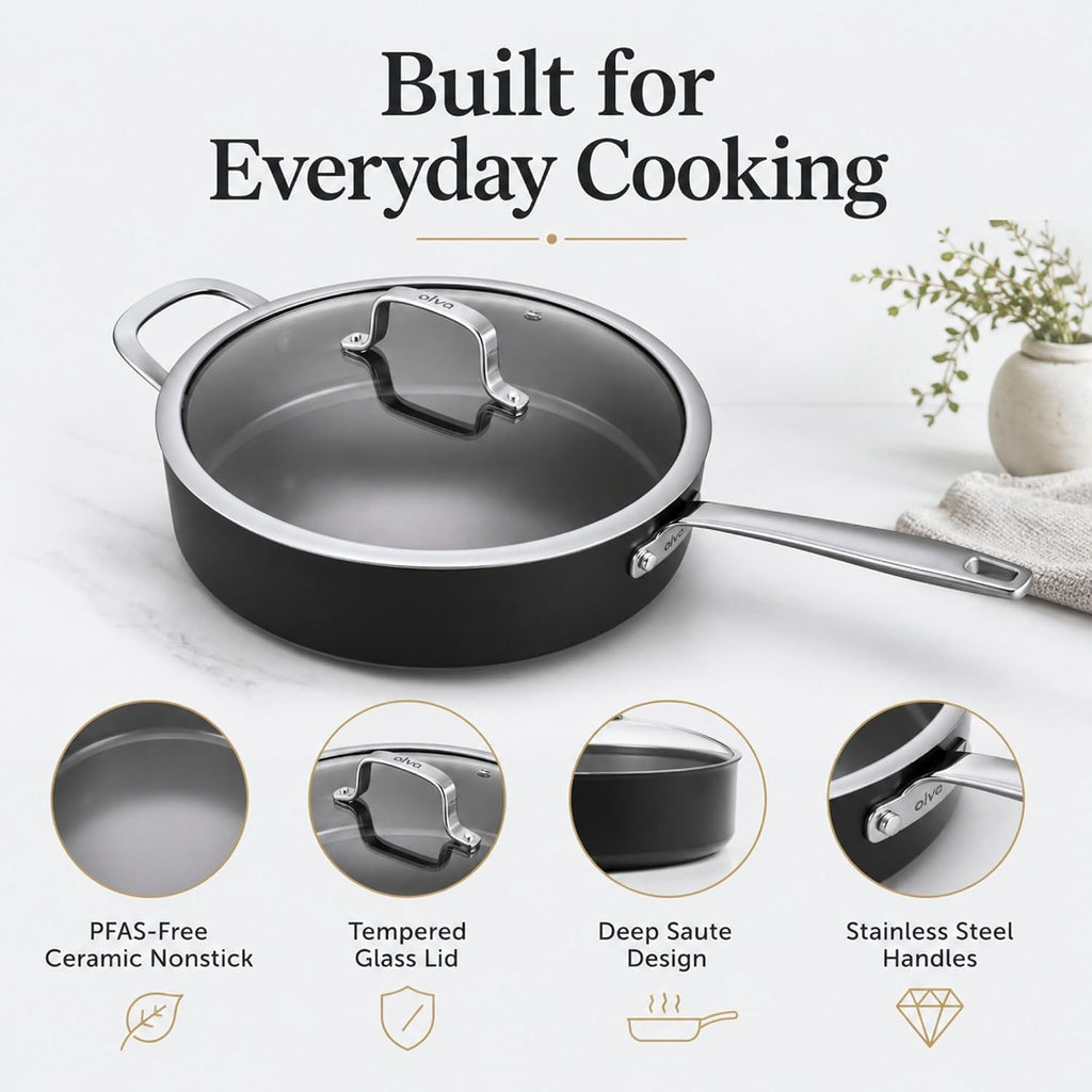 Alva Maestro 4QT Ceramic Nonstick Sauté Pan with Lid – Made With No PTFE, PFOA, PFAS, Oven & Induction Safe to 400°F – Easy Clean, Deep Sauté Pan for Family Meals, Braising & One-Pot Cooking