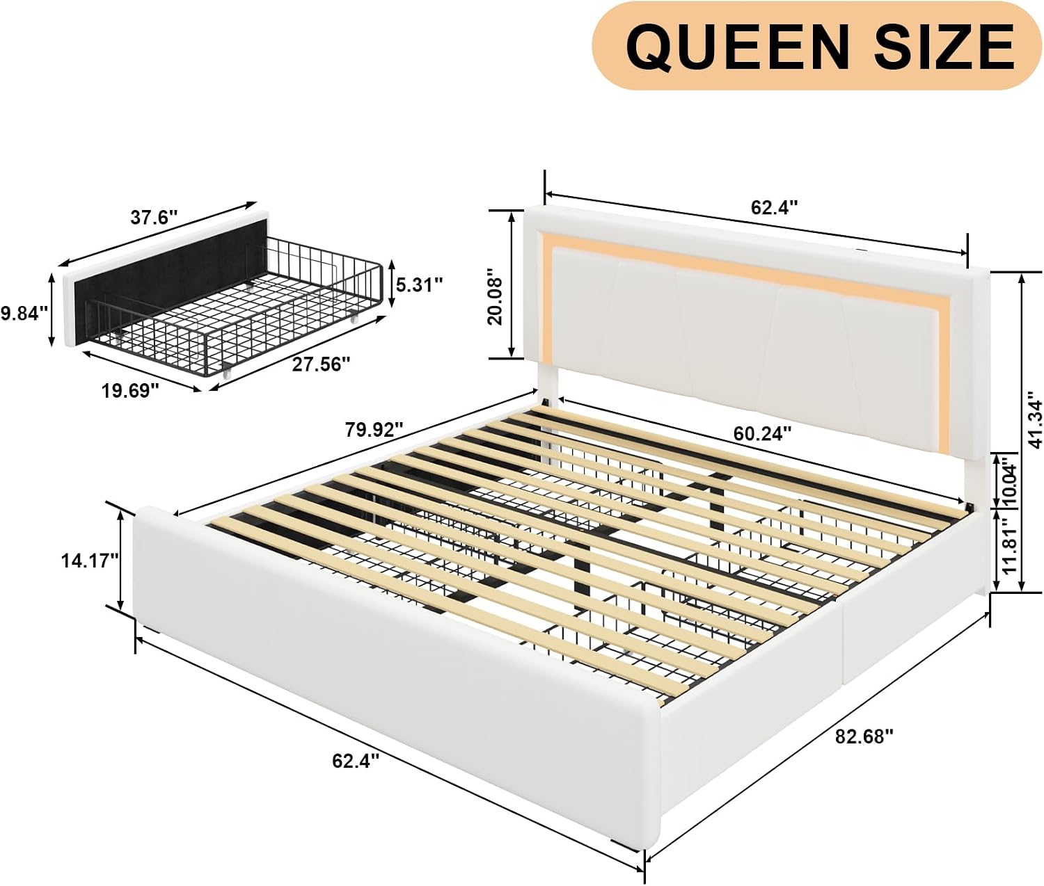 Benevika Queen Size Bed Frame with 4 Storage Drawers and LED Headboard, Upholstered Platform with Type-C&USB Ports, Faux Leather, Easy Assembly, Beige