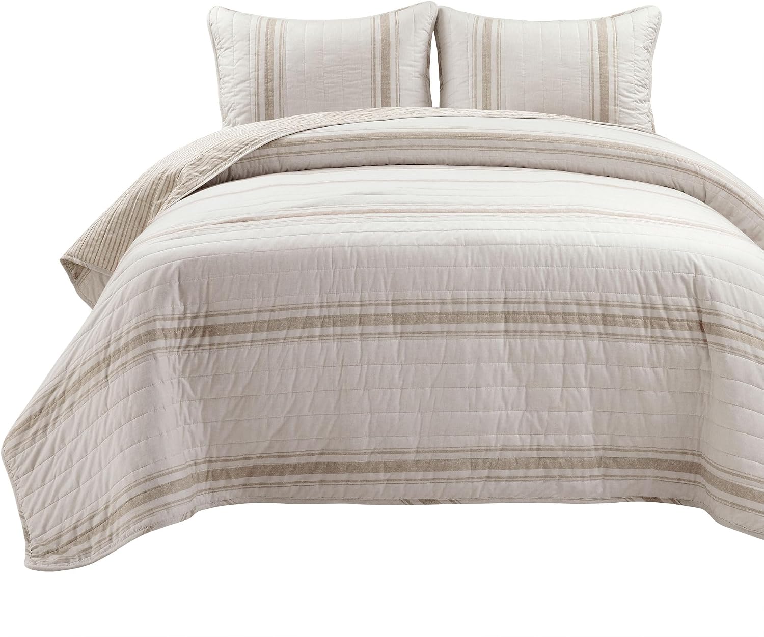 Lush Decor Farmhouse Stripe Reversible Cotton Quilt Queen Size 3 Piece Set Full/Queen Neutral - Farmhouse Bedding Set Queen Quilt - Striped Bedding