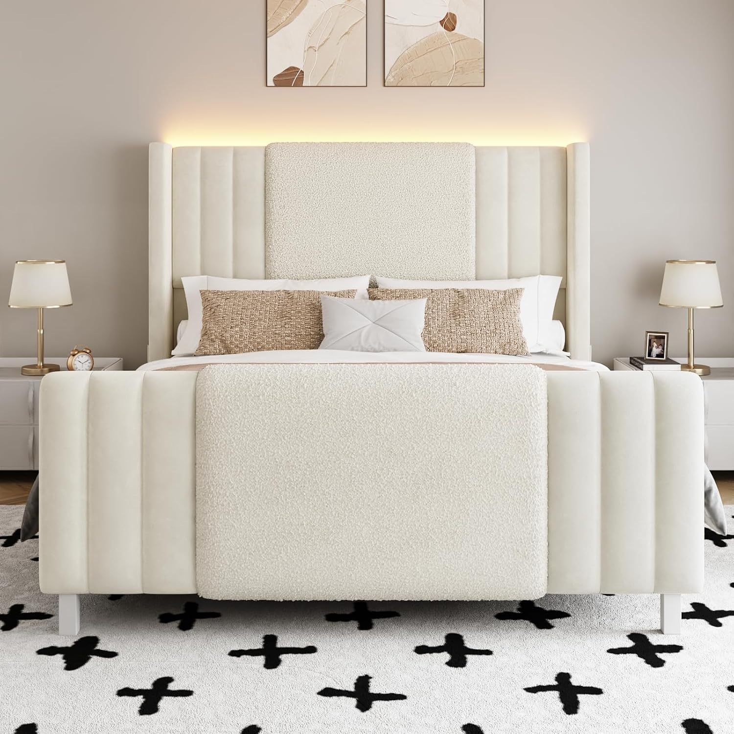 Lihimte King Size Bed Frame with Tall Headboard and Footboard, Boucle and Velvet Upholstered Bed Frame King with LED Lights, Modern Platform Bed Frames, Noiseless, Easy Assembly, White
