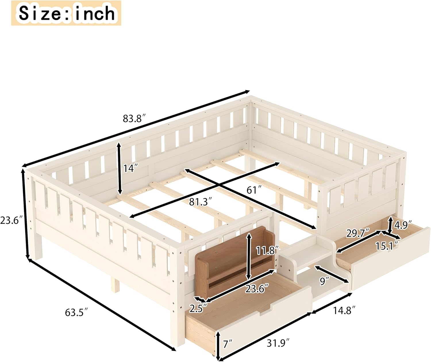 Bellemave Queen Size Montessori Bed with Slats and Stairs, Queen Size Platform Bed Frame with Fence, Bookshelf and Storage Drawers, Low Profile Beds Beds for Girls, Boys, Beige
