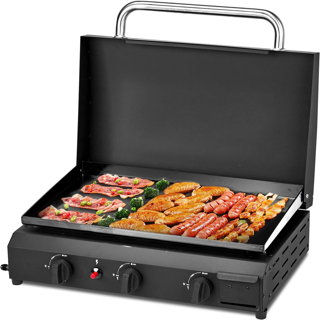 Portable 3-Burner Flat Top Gas Griddle, Cooking Station with Ceramic Coated Cast Iron Pan, 30000 BTU Propane Tabletop Griddle for Outdoor Barbecue, Grilling