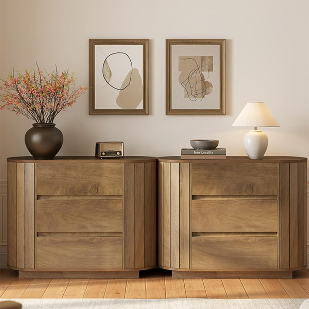 LITTLE TREE Large Nightstand, Oversized Night Stand Set 2, Slatted Side Design Wood Nightstand, 35' Wide End Tables, Modern Dresser with 3 Drawers for Bedroom,Entryway, Oak 2PCS