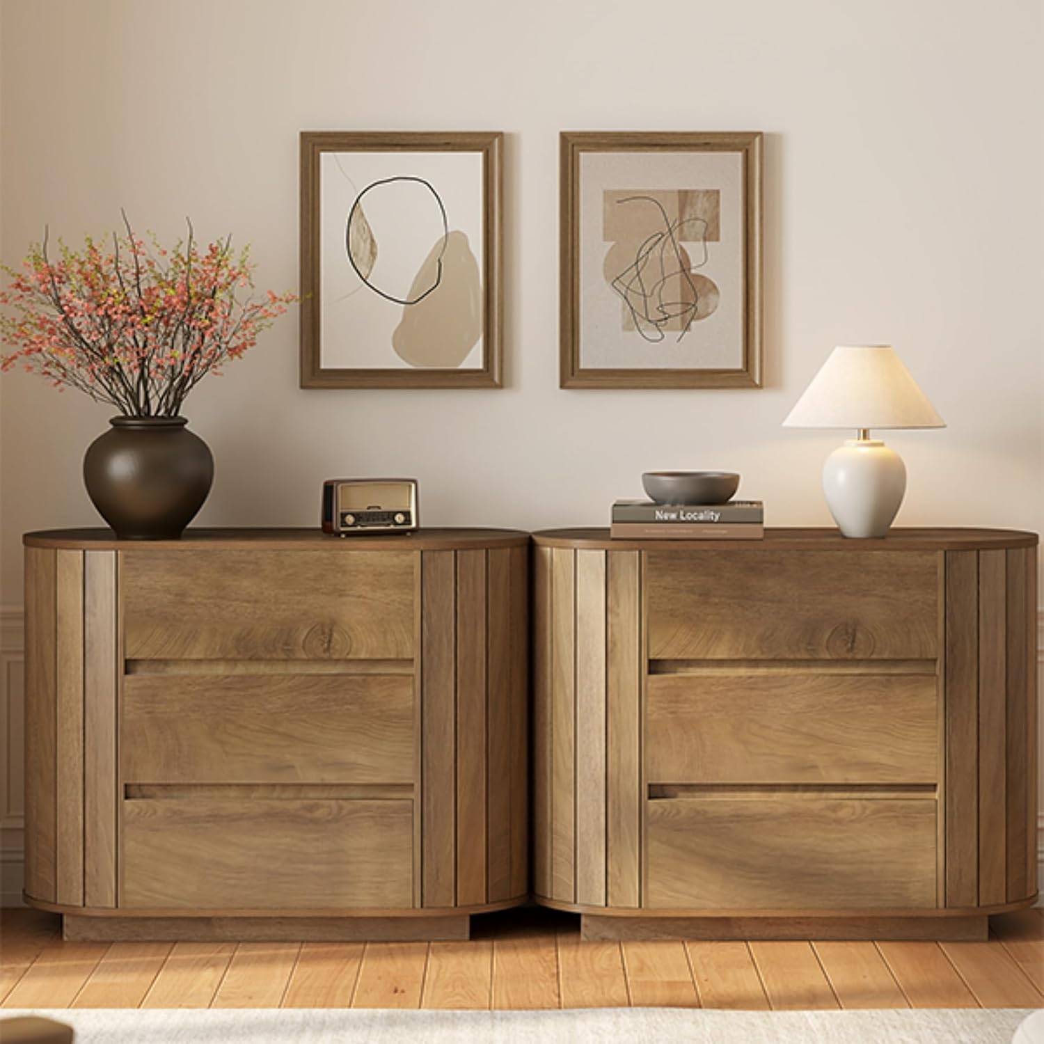 LITTLE TREE Large Nightstand, Oversized Night Stand Set 2, Slatted Side Design Wood Nightstand, 35' Wide End Tables, Modern Dresser with 3 Drawers for Bedroom,Entryway, Oak 2PCS