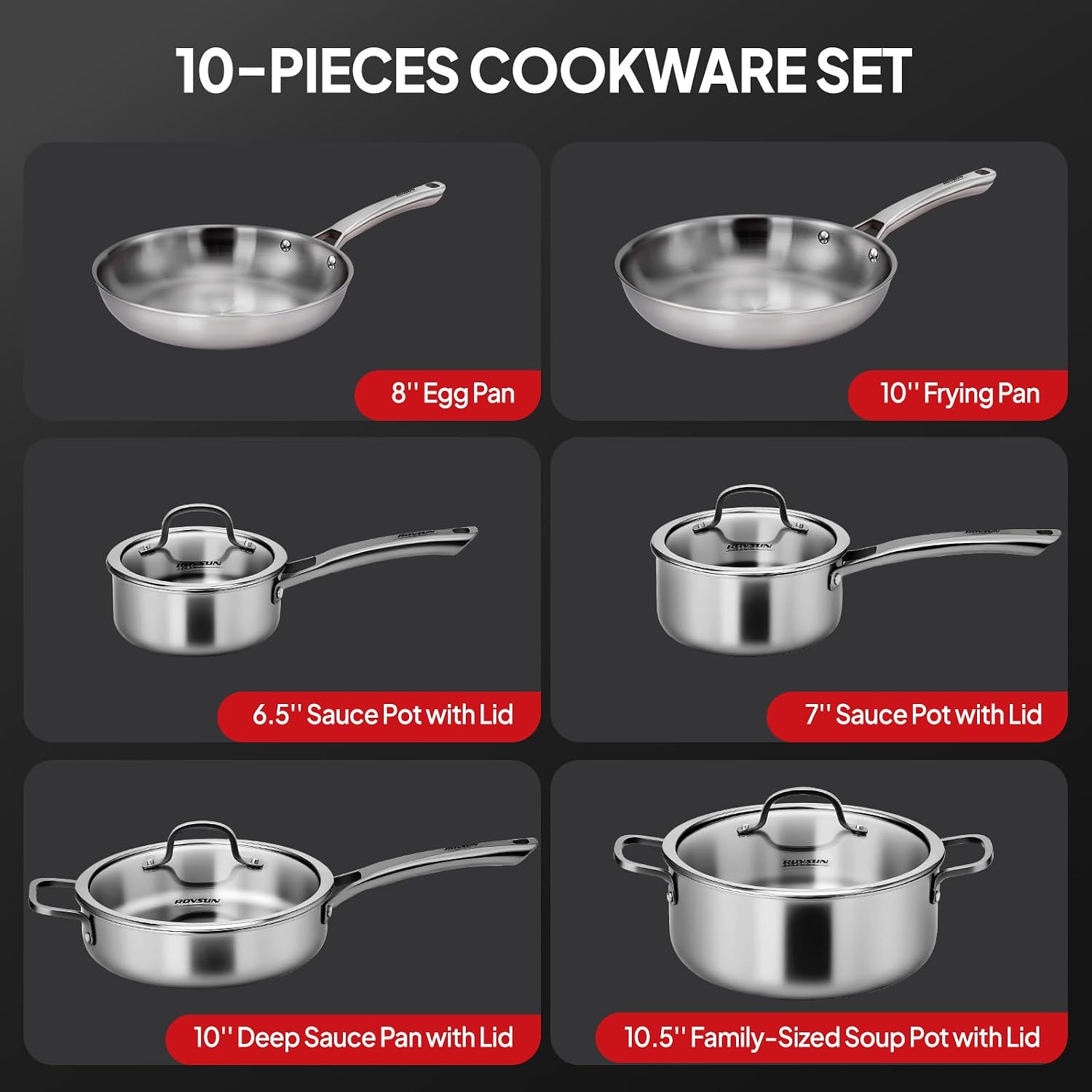 ROVSUN 10-Pcs Stainless Steel Cookware Set, Tri-Ply Pots and Pans Set, Non-Toxic Kitchen Set, PFOA & PTFE Free, Full Clad Frying Pans, Saucepans, Saute Pan & Stock Pot, Compatible for All Cooktops