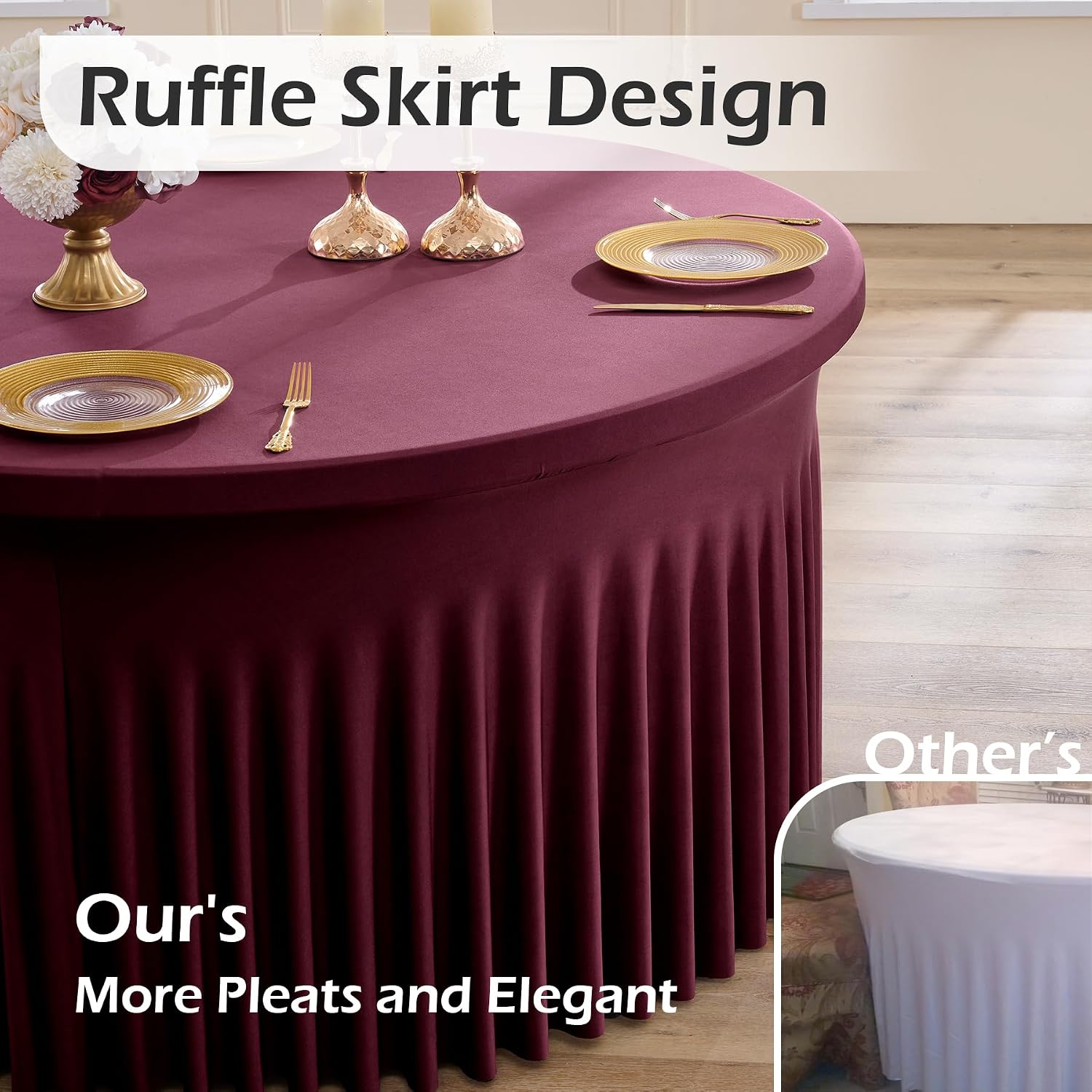 6 pk Burgundy Round Spandex Tablecloths 60 in with Ruffled Skirt,Wrinkle Free High-Stretch 120 inch Table Cloth Round Fitted 5ft Tables Maroon Spandex Table Covers 5ft for Wedding Banquet Party