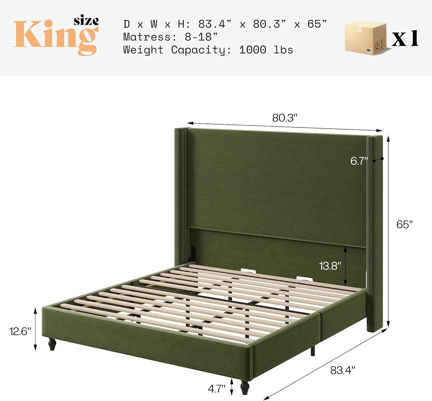 AMERLIFE King Size Bed Frame with 65' Tall Headboard, Upholstered Corduroy Bed Frame with Wingback, Platform Bed with Solid Wood Gourd Legs, Solid Slats, No Box Spring Needed, Green