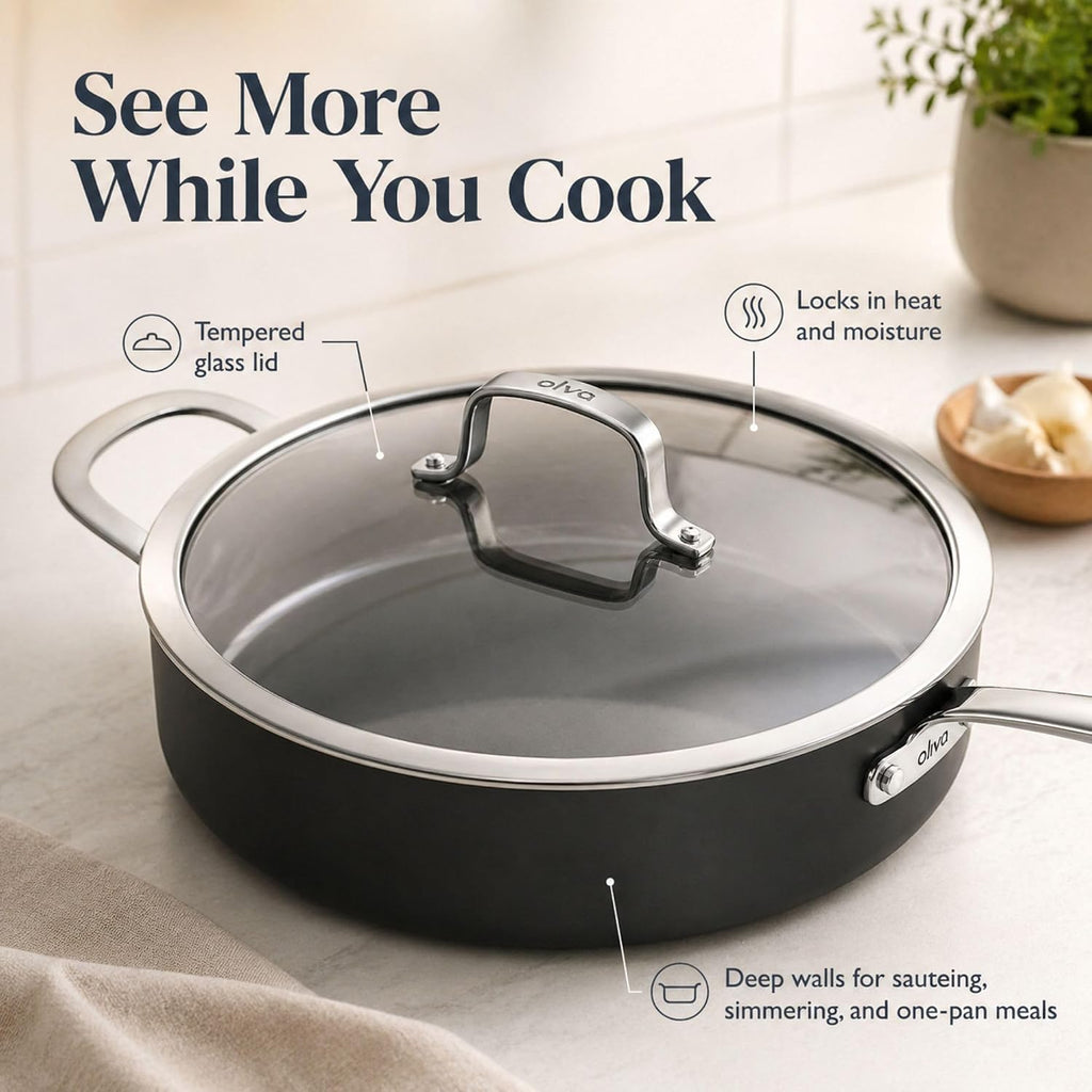 Alva Maestro 4QT Ceramic Nonstick Sauté Pan with Lid – Made With No PTFE, PFOA, PFAS, Oven & Induction Safe to 400°F – Easy Clean, Deep Sauté Pan for Family Meals, Braising & One-Pot Cooking