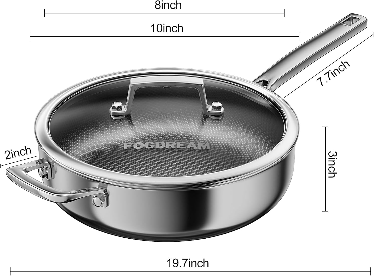 FogDream Titanium Non Stick Frying Pan, 10in Tri-Ply Stainless Steel Deep Saute Pan, All-in-One Cookware Set(Spatulas&Steamer), Stay Cool Handle, Dishwasher & Oven-Safe,Induction Compatible,Silver