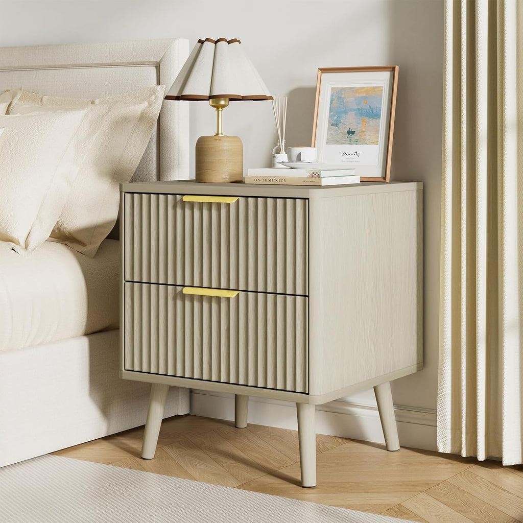 LYNSOM Fluted Dresser and Nightstand Sets 4 Piece, 2-Drawer Nightstands and 5/6 Drawers Dresser, Wood Bedroom Furniture Set for Home, Bedroom, Beige