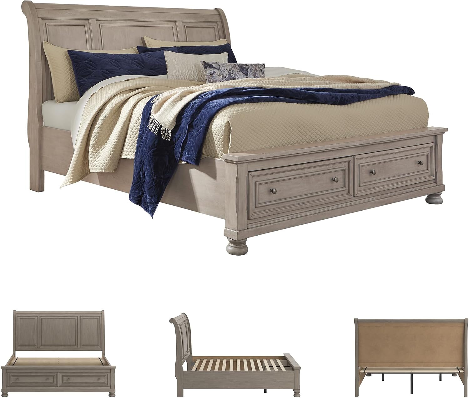 Signature Design by Ashley Lettner Traditional King Sleigh Platform Bed with 2 Drawers, Foundation or Box Spring Not Needed, Light Gray