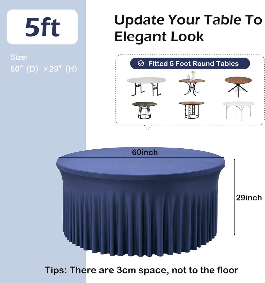 6 pk Navy Blue Round Spandex Tablecloths 60 in with Ruffled Skirt,Wrinkle Free High-Stretch 120 inch Table Cloth Round Fitted 5ft Tables,Spandex Table Covers 5ft for Forest Party Wedding Banquet