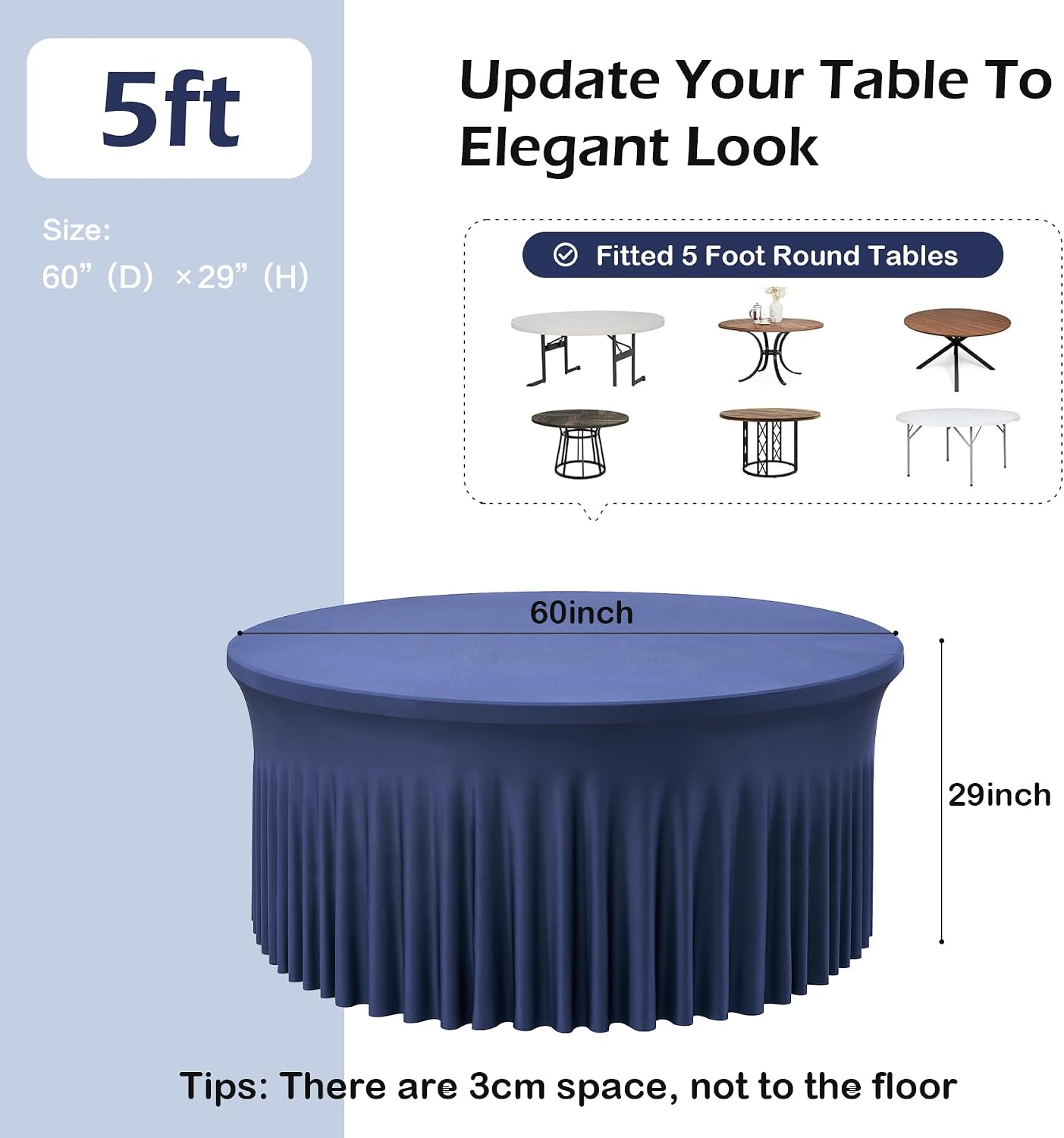 6 pk Navy Blue Round Spandex Tablecloths 60 in with Ruffled Skirt,Wrinkle Free High-Stretch 120 inch Table Cloth Round Fitted 5ft Tables,Spandex Table Covers 5ft for Forest Party Wedding Banquet