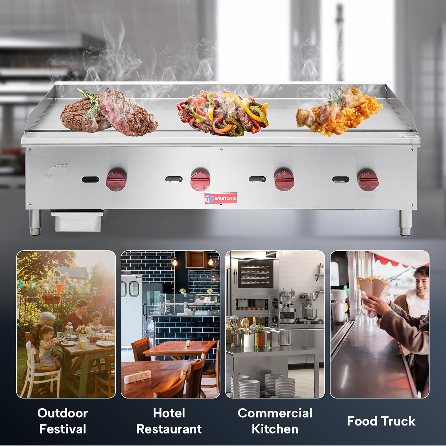 WESTLAKE 60'W Commercial Gas Griddle Countertop Natural Gas and Propane Griddle with 5 Burners 150000 BTU, Stainless Steel Plate Grill for Restaurants