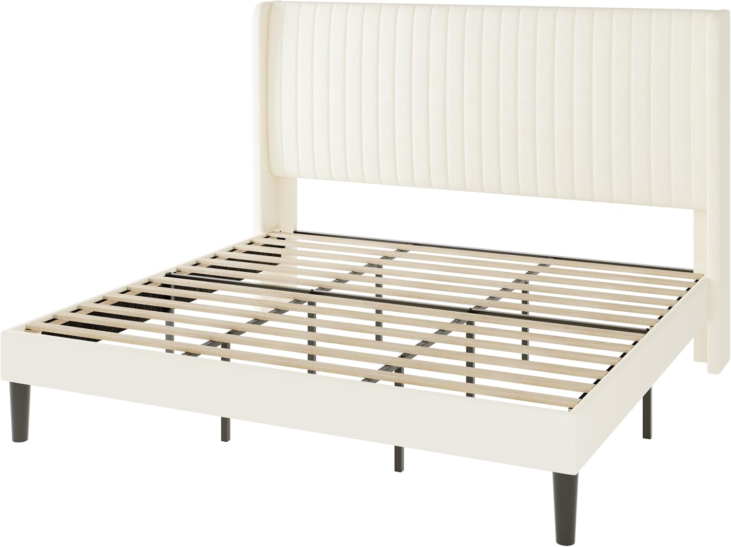 Allewie King Size Velvet Bed Frame/Vertical Channel Tufted Wingback Headboard/Upholstered Platform Bed/No Box Spring Needed/Strong Wooden Slats/Easy Assembly/Cream White