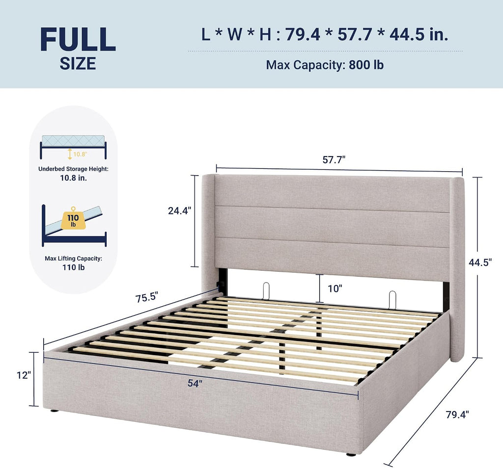Allewie Full Size Lift Up Storage Bed, Modern Wingback Headboard, Hydraulic Support, No Box Spring Needed, Light Beige