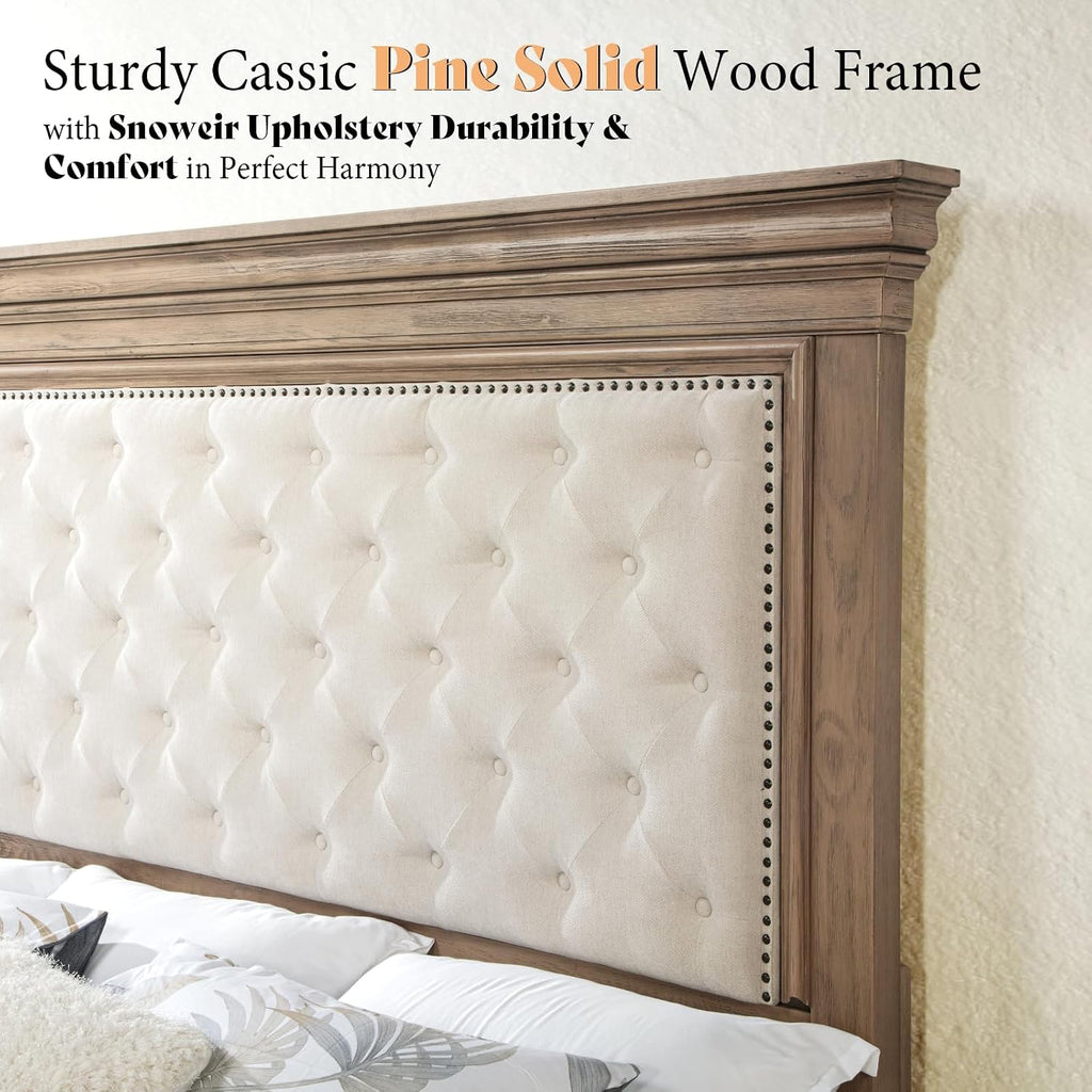 AMERLIFE 68 in Tall King Size Bed Frame with Upholstered Headboard, Solid Wood Farmhouse Platform Bed, Bohemian Tufted Wooden Panel Design, No Box Spring Needed, Light Oak