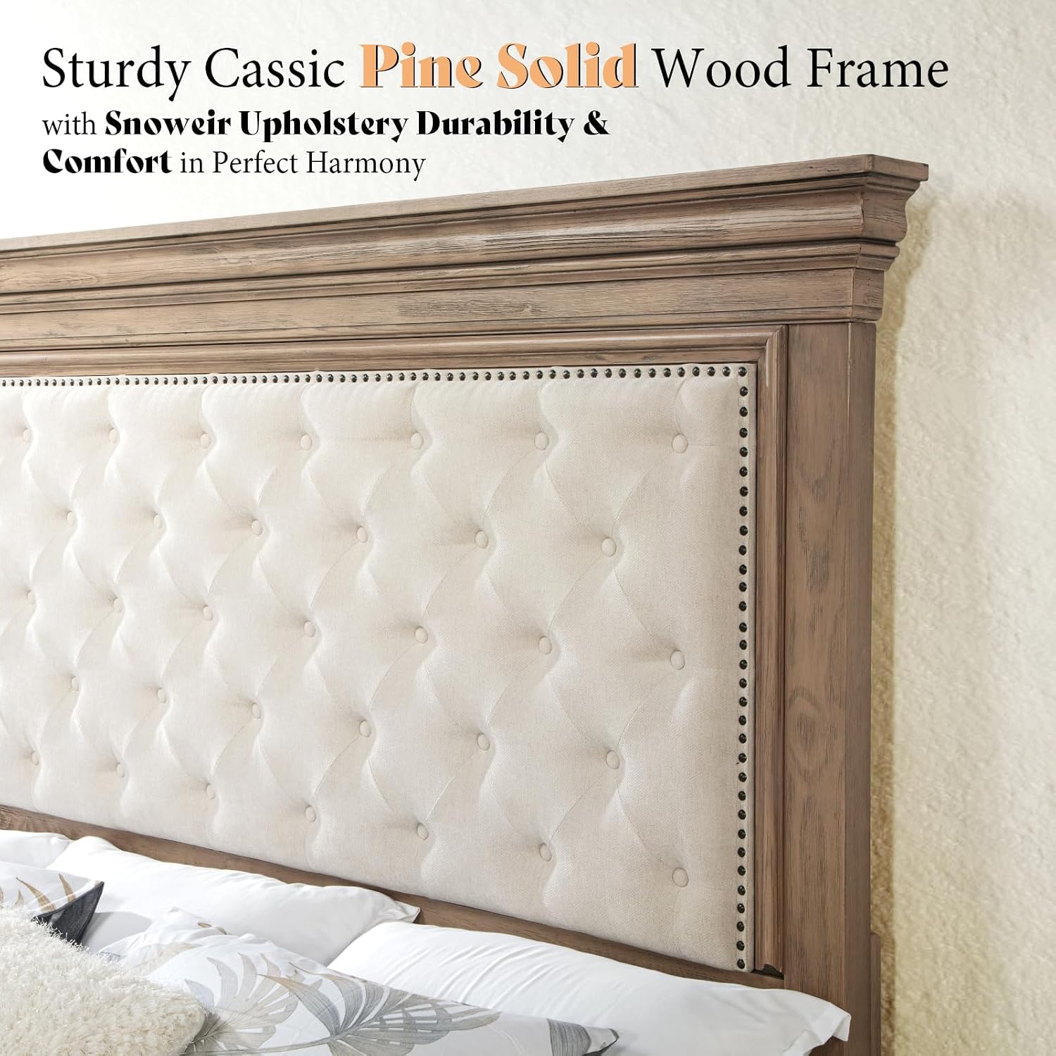 AMERLIFE 68 in Tall Queen Size Bed Frame with Upholstered Headboard, Solid Wood Farmhouse Platform Bed, Bohemian Tufted Wooden Panel Design, Noise-Free, Light Oak