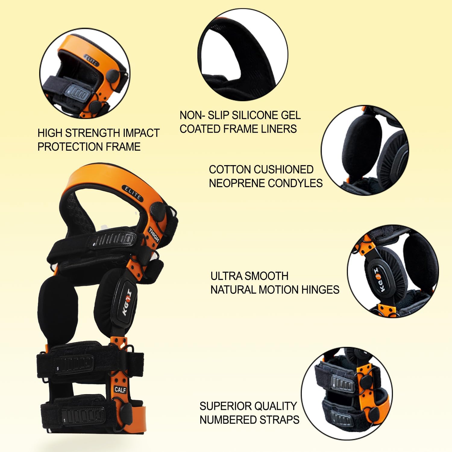 ELITE Orthopedic Knee Support Brace Adjustable Stainless-Steel Hinges, Side Stabilizer Knee brace for Ligament, Sports Injuries, Arthritis OA, Osteoarthritis Pain Relief Unisex, Orange (Size 9)