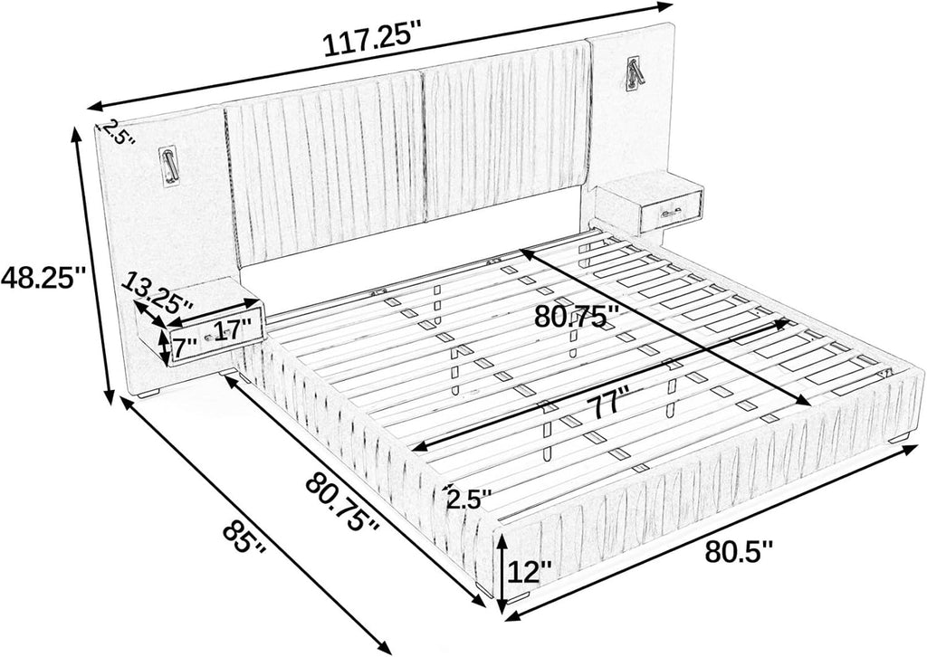 KEIKI King Size Chenille Bed Frame with 2 Nightstands, Lamps & Oversize Headboard, Solid Wood Frame Platform Night Stand Bedroom Set, Upholstered Floor Grounded Bed, No Box Spring Needed, Beige
