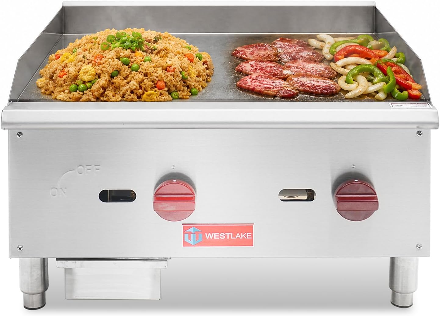 WESTLAKE 24'W Commercial Gas Griddle Countertop Natural Gas and Propane Griddle with 2 Burners 60000 BTU, Stainless Steel Plate Grill for Restaurants