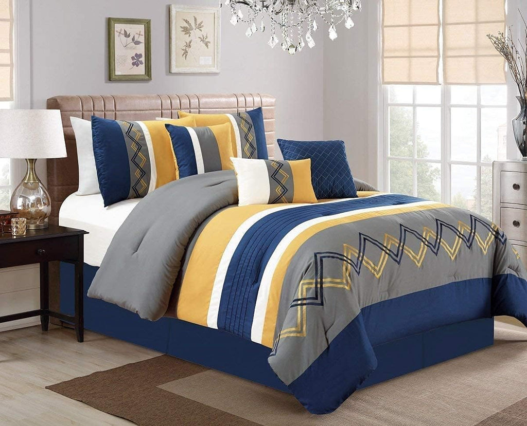 Chezmoi Collection Arden 7-Piece Modern Pleated Stripe Embroidered Zigzag Bedding Comforter Set (Oversized King, Navy/Gray/Yellow/White)