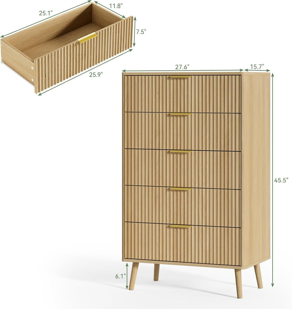 LYNSOM Fluted Dresser and Nightstand Sets 4 Piece, 2-Drawer Nightstands and 5/7 Drawers Dresser, Wood Bedroom Furniture Set for Home, Bedroom, Hallway, Oak