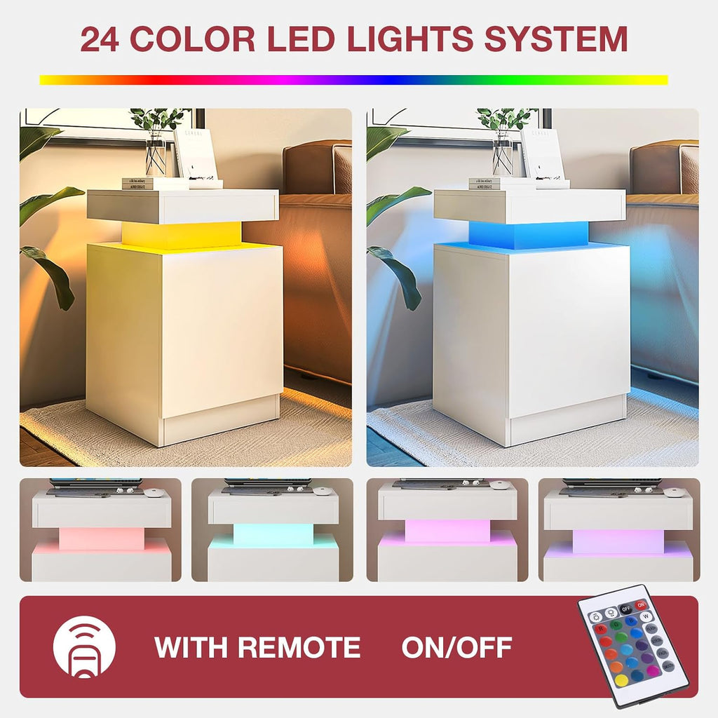 Nightstands Set 2, 15 Inches LED Night Stand Set of 2, Modern Bedside Table with LED Lights, High Gloss Surface, End Table with Storage for Bedroom, Whites