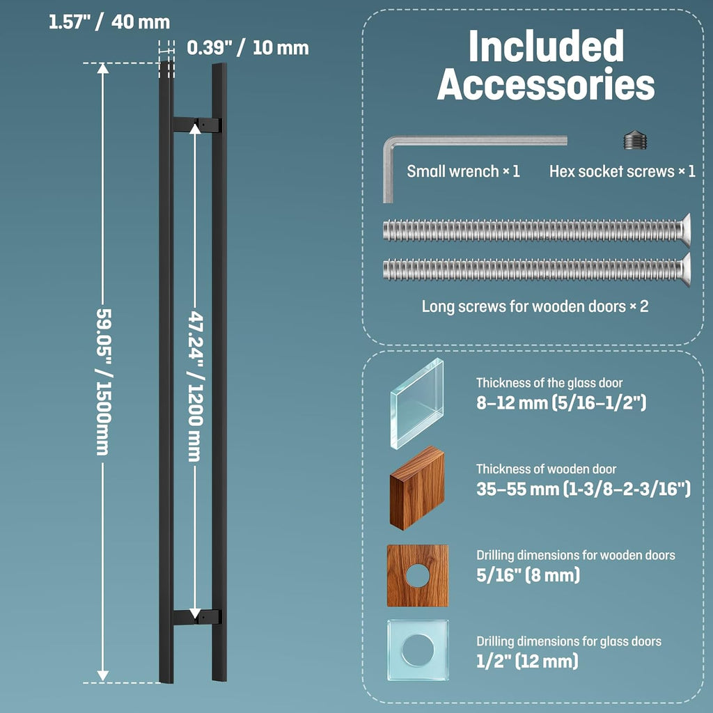 Ranbo 60' Large Push Pull Door Handle, 1200mm (47 1/4 inch) CTC, 1.2mm Thick 304 Stainless Steel, Fits 6–19mm (1/4'–3/4') Glass Doors, for Front, Entry, Commercial and Long Doors, Matte Black