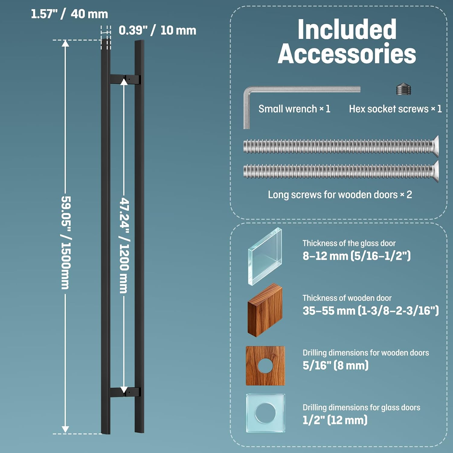 Ranbo 60' Large Push Pull Door Handle, 1200mm (47 1/4 inch) CTC, 1.2mm Thick 304 Stainless Steel, Fits 6–19mm (1/4'–3/4') Glass Doors, for Front, Entry, Commercial and Long Doors, Matte Black