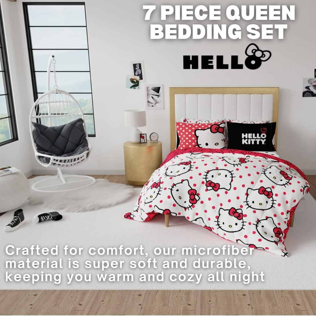 Hello Kitty Polka Dot Bedding 7 Piece Super Soft Comforter and Sheet Set with Sham, Queen, (Official Licensed Product) by Franco Collectibles