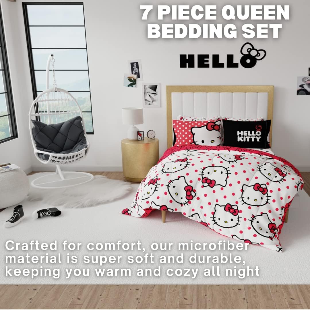 Hello Kitty Polka Dot Bedding 7 Piece Super Soft Comforter and Sheet Set with Sham, Queen, (Official Licensed Product) by Franco Collectibles