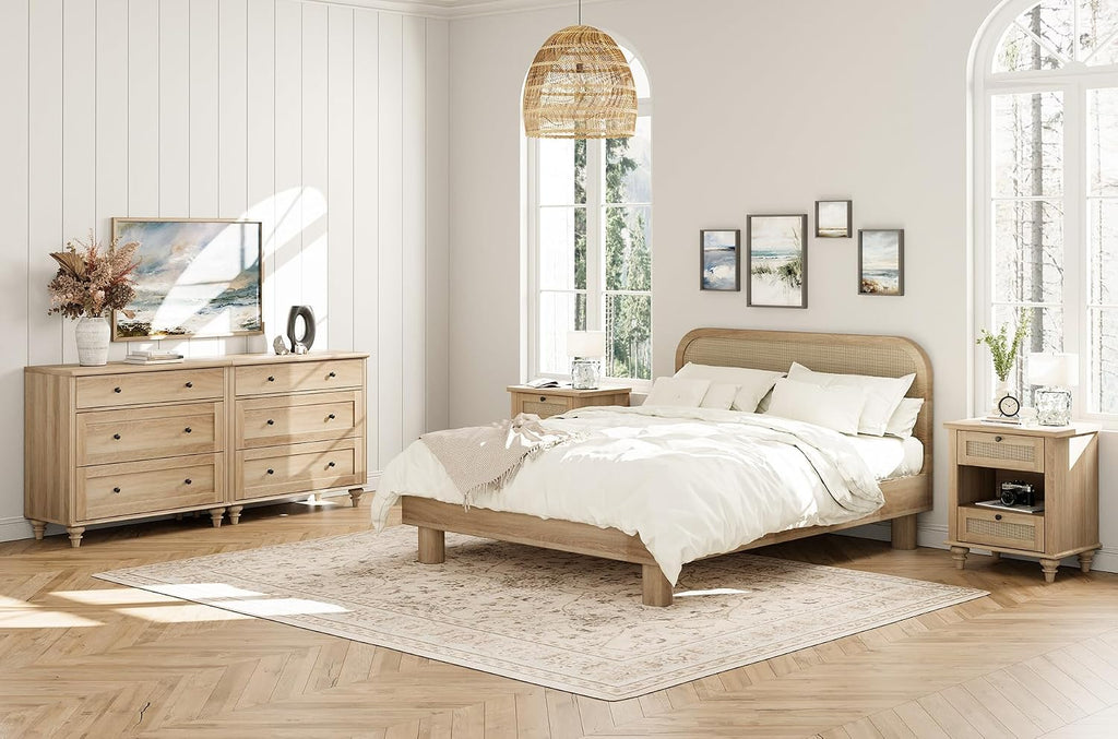 WAMPAT 4 Piece Dresser and Nightstand Sets - Includes Two Farmhouse 3 Drawer Dressers for Bedroom, Set of 2 Side Tables Bedside Table with Charging Station, 4 Piece Bedroom Set, Oak