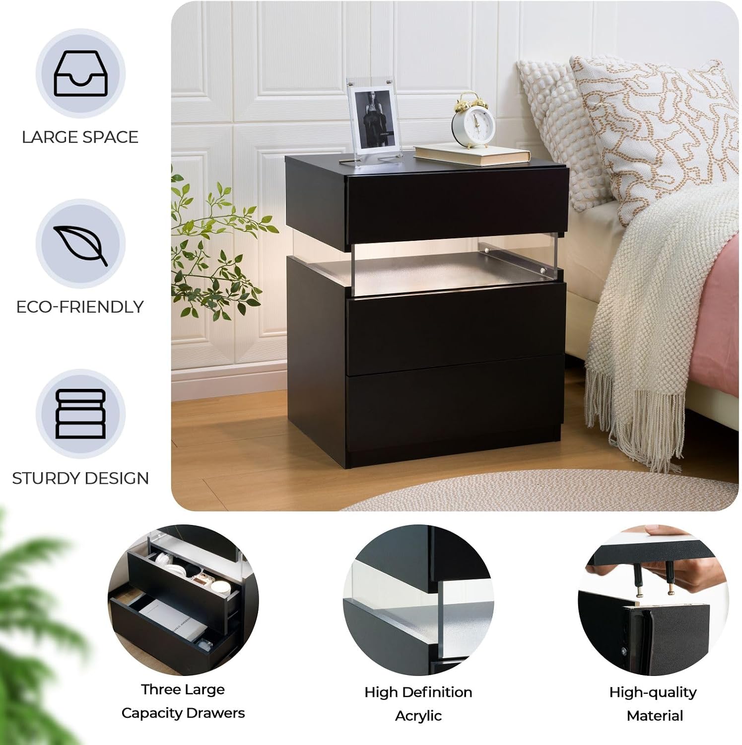 i-aplus Black LED Nightstand Set of 2,Night Stand Set 2,Modern Night Stand with 3 Drawers,Night Stands for Bedroom Set of 2,Bedside Table with Silent Slide Drawer