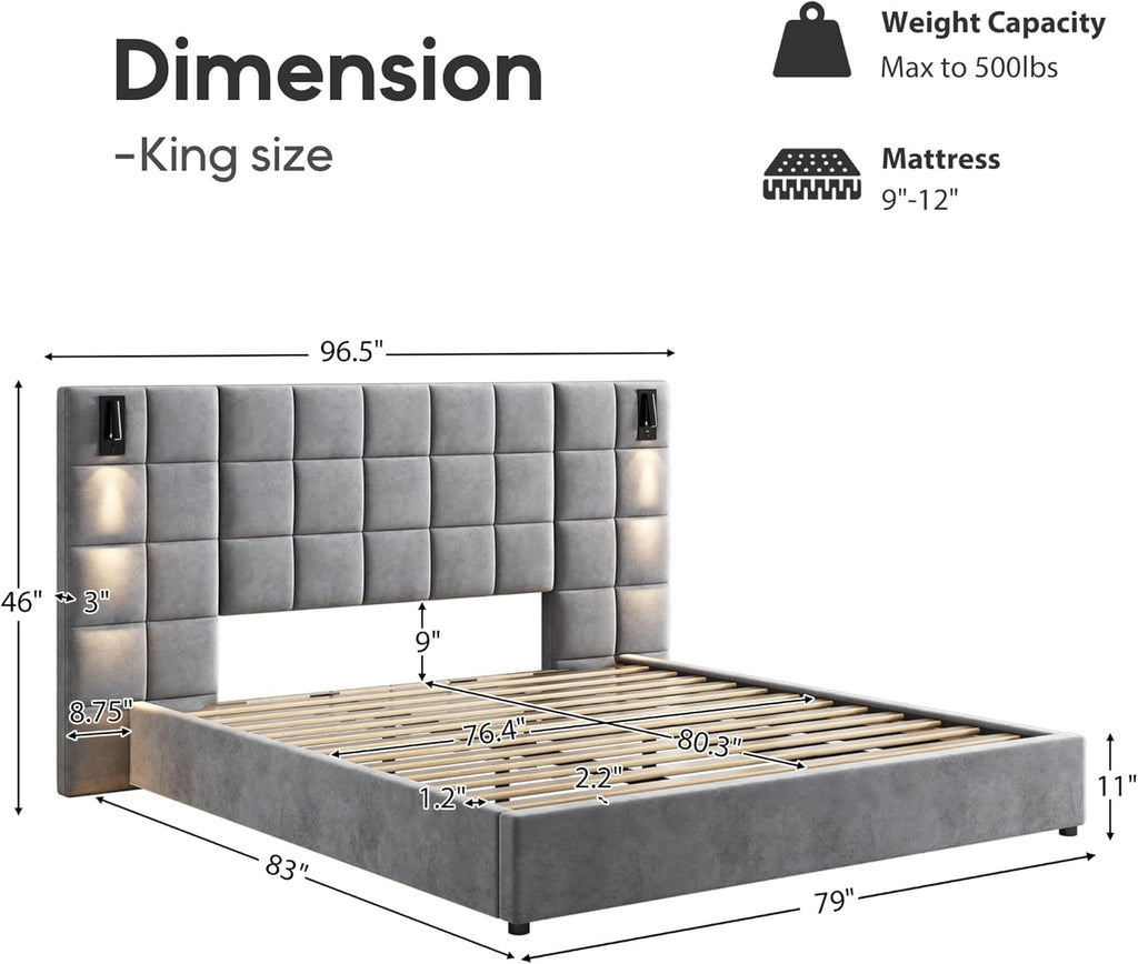 King Platform Bed Frame with Headboard, Elegant Velvet Upholstered Bed with Grid Pattern Padded Headboard, 2 LED Wall Sconces & USB Ports, No Box Spring Needed, Easy Assembly, Pearl Grey