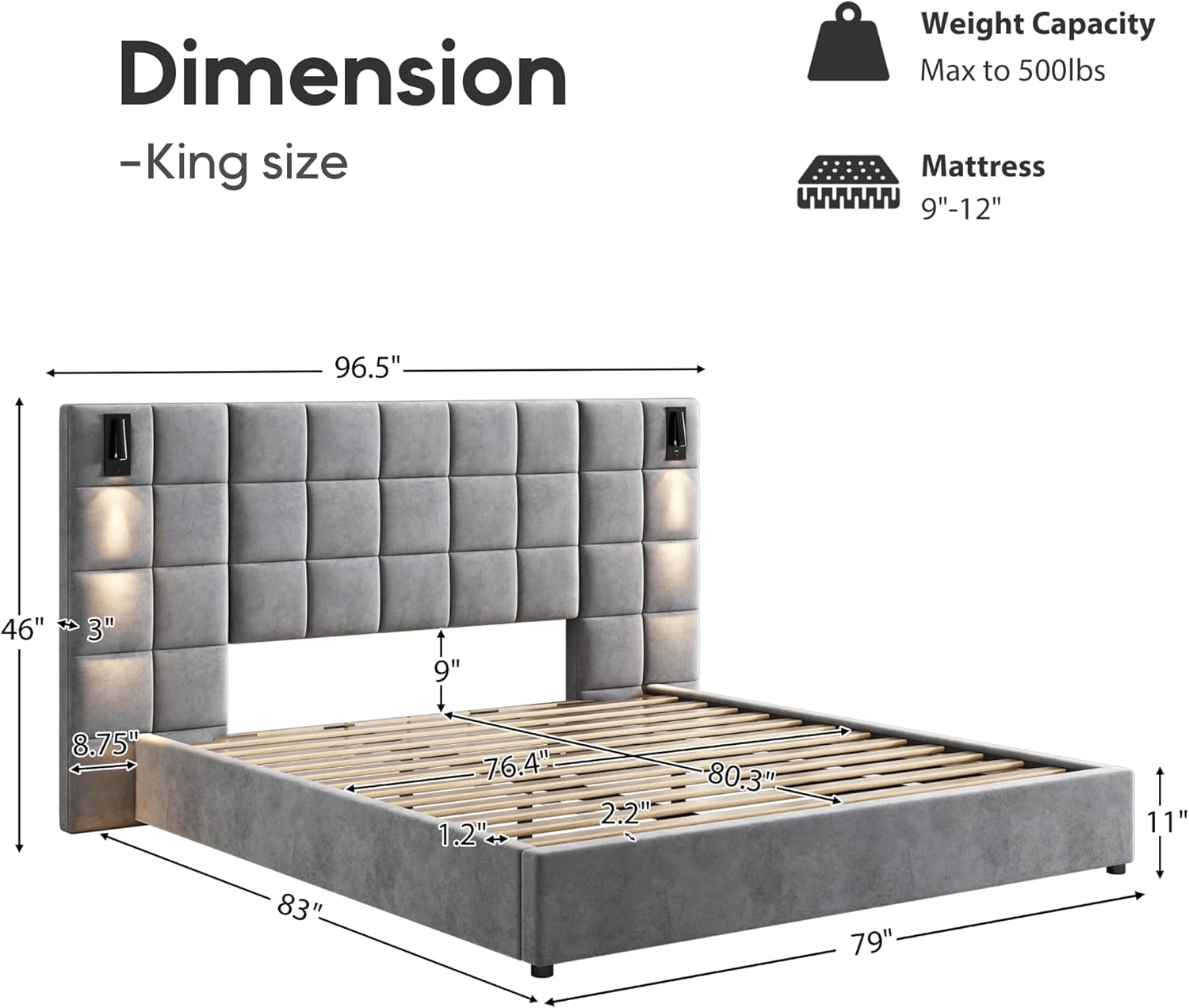 King Platform Bed Frame with Headboard, Elegant Velvet Upholstered Bed with Grid Pattern Padded Headboard, 2 LED Wall Sconces & USB Ports, No Box Spring Needed, Easy Assembly, Pearl Grey