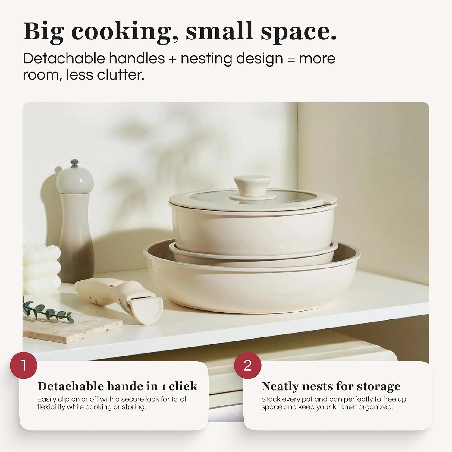 GOURMETIFIC® Pots and Pans Cookware Set [11 PIECES] - Non Toxic Ceramic Coated Cooking Ware - Induction, Gas & Oven Kitchenware - Non Stick Pot & Pan with Removable Handles & Stackable (Cream)