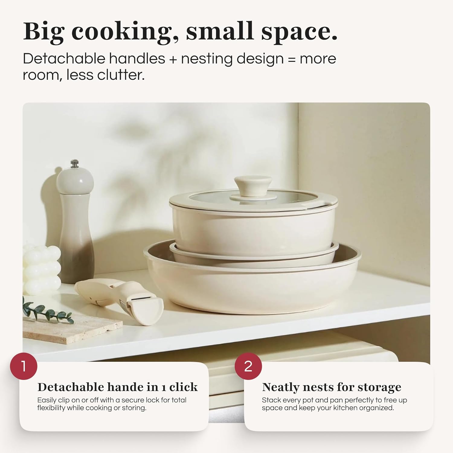 GOURMETIFIC® Pots and Pans Cookware Set [11 PIECES] - Non Toxic Ceramic Coated Cooking Ware - Induction, Gas & Oven Kitchenware - Non Stick Pot & Pan with Removable Handles & Stackable (Taupe)