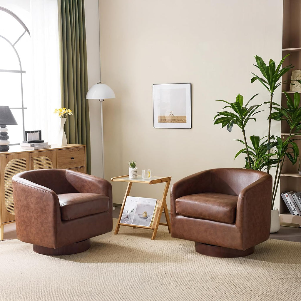 VINGLI 360°Swivel Accent Chairs Set of 2 with Engineered Wood Base and Removable Cushion for Living Room, Bedroom, Curved Back Barrel Chairs for Small Space, Upholstered Bucket Armchairs, Pu-Brown
