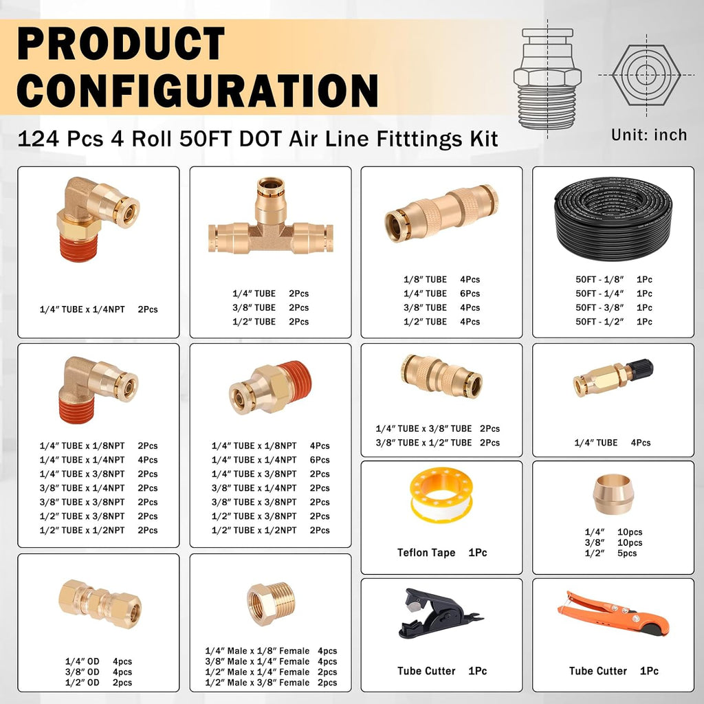 CheeMuii 124 PCS Brass DOT Air Line Fittings with 4 Roll 50FT 1/8' 1/4' 3/8' 1/2' DOT Air Lines Kit Push Lock Air Fitting Quick Connect Air Fittings with Air Hose Pneumatic Tubing
