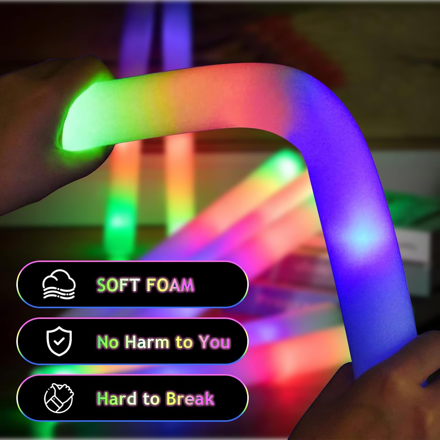 202PCS Glow Foam Sticks Bulk,LED Foam Sticks 3 Modes Flashing Glow in the Dark Light up Party Favors Supplies for Birthday, Wedding, Raves, Co