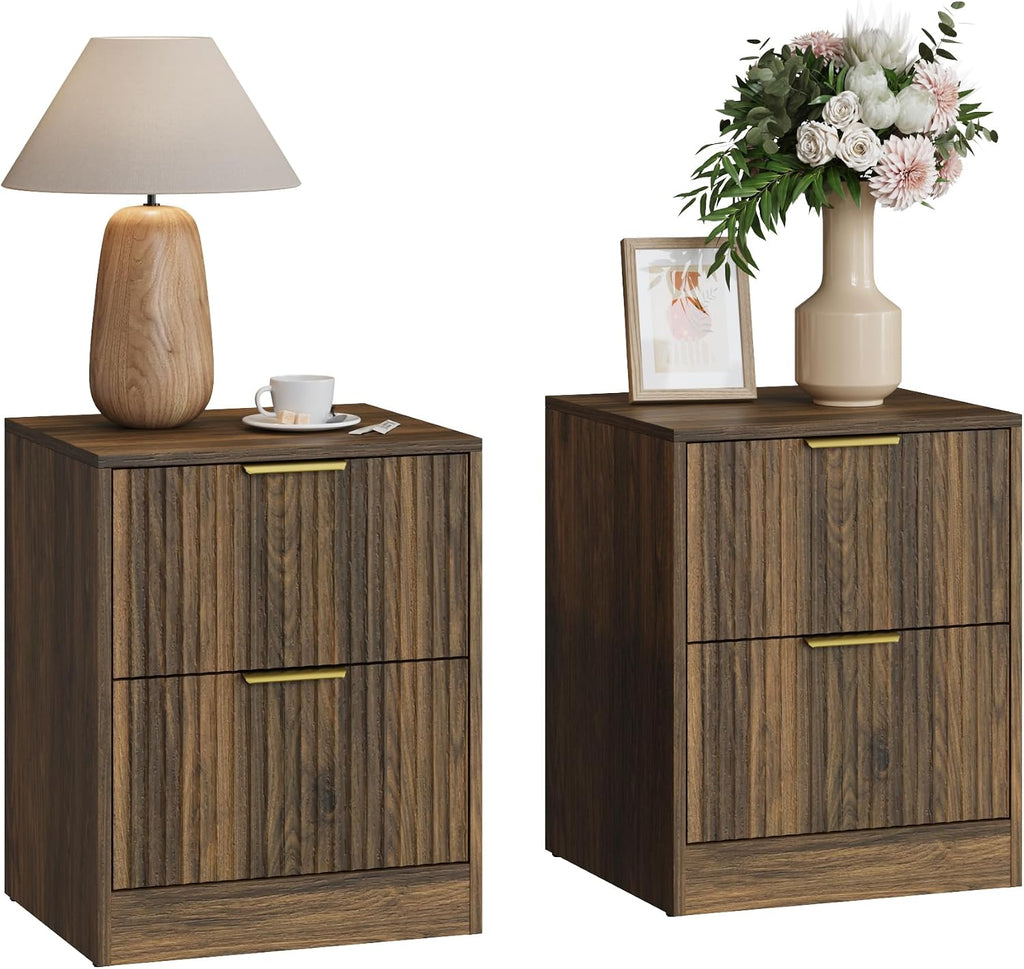 3-Piece Modern Bedroom Furniture Set, Wide 6-Drawer Dresser & 2-Drawer Nightstands Set of 2, Natural Wood Dresser and Nightstand Sets for Bedroom, Hallway, Walnut