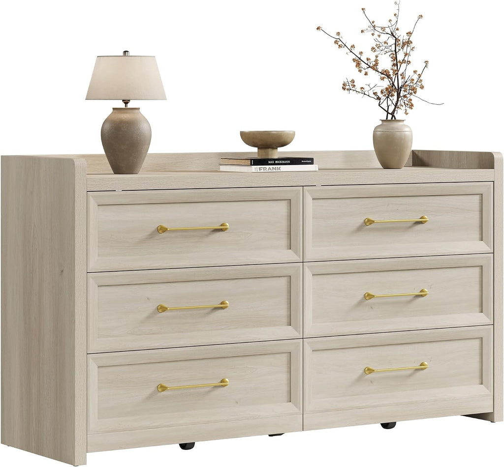 SICOTAS 6 Drawer Dresser for Bedroom-56.4' Extra-Wide Wooden Chest of Drawers with Large Storage, Long Dresser TV Stand with Drawers, Farmhouse Closet Dressers for Nursery Living Room, Grey White Oak