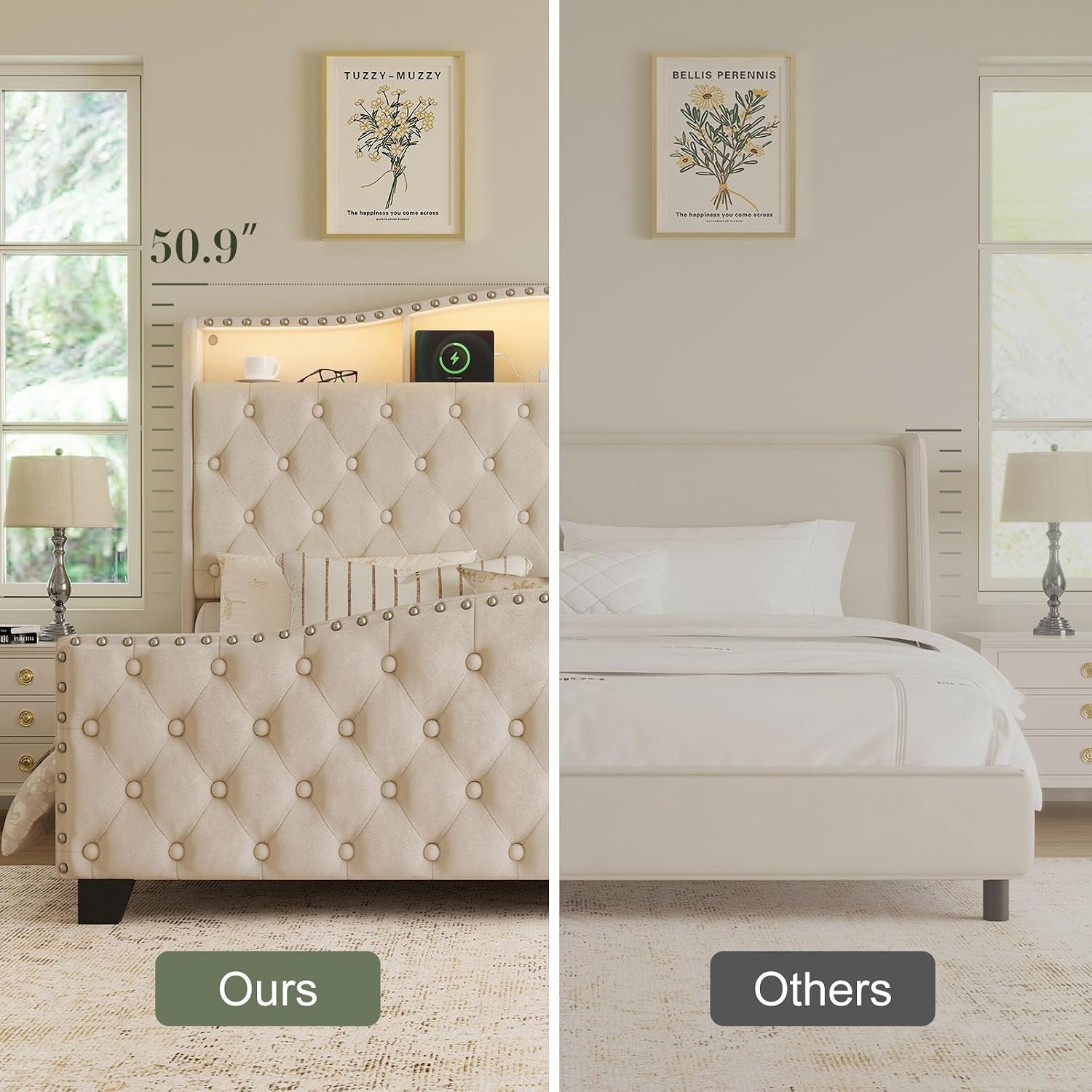 Belffin Queen Size Bed Frame and Headboard, 50.9' Velvet Upholstered Wingback Bedframe with LED Lights & Storage/Charging Station, Button Tufted Tall Footboard, No Box Spring Needed, Noise-Free, Beige
