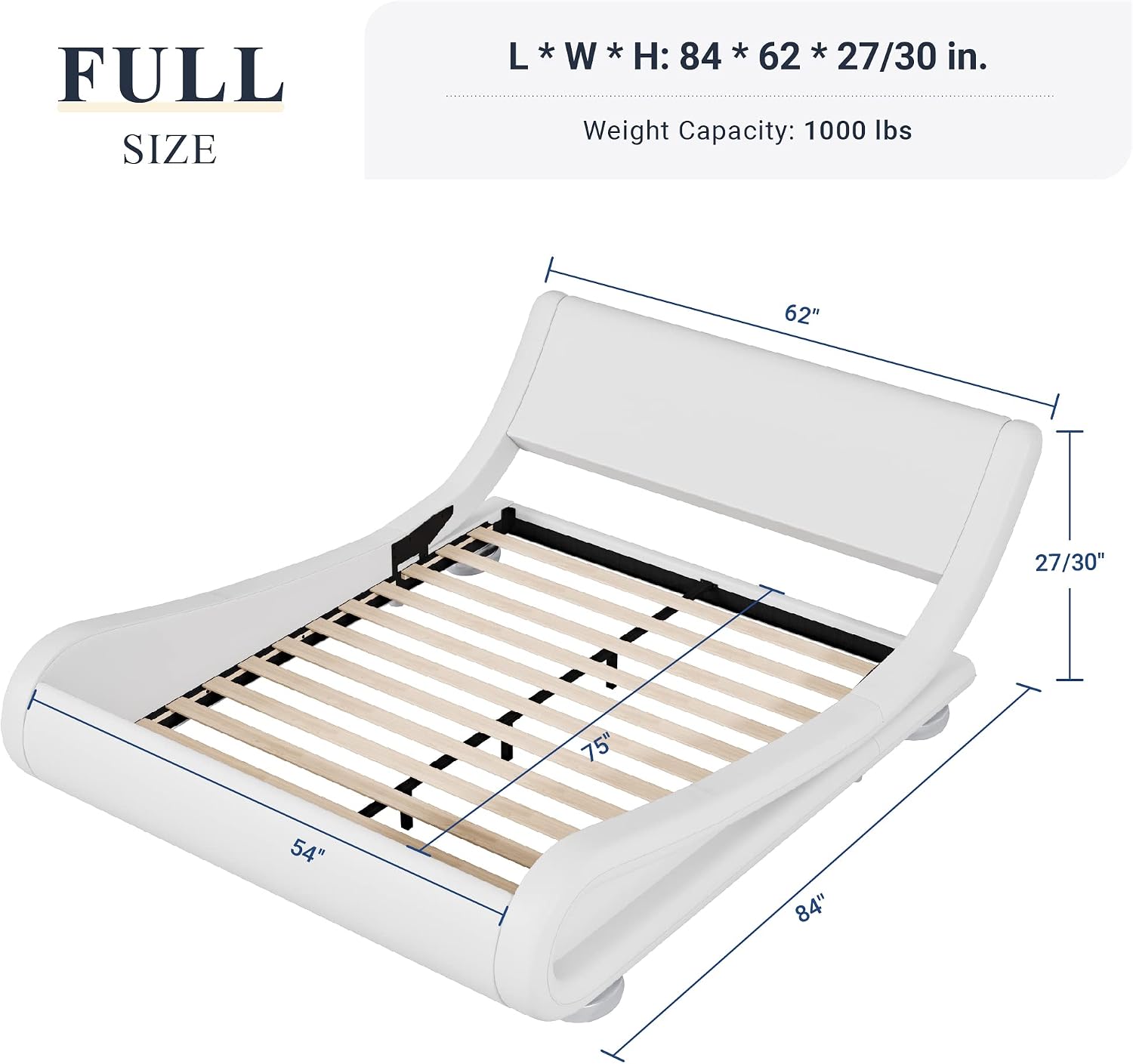 Allewie Full Size Bed Frame with Ergonomic & Adjustable Headboard, Low Profile Modern Upholstered Platform Sleigh Design - Easy Assembly, No Box Spring Required, White